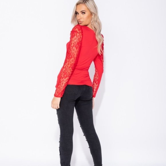 Red Lace Long Sleeve Round Neck Top - Picture 7 of 9
